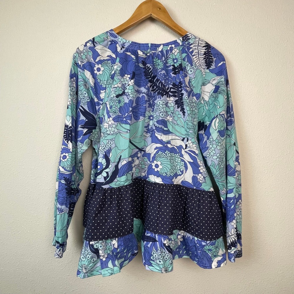 Talbots Floral‎ Tiered Tunic Top Boho Womens L Blue Teal Cotton Long Sleeve